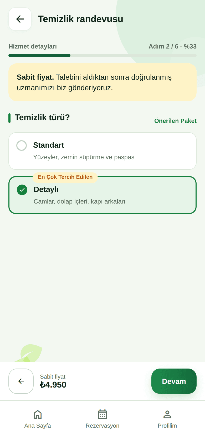 SENÇAĞIR uygulamasında temizlik türü seçimi