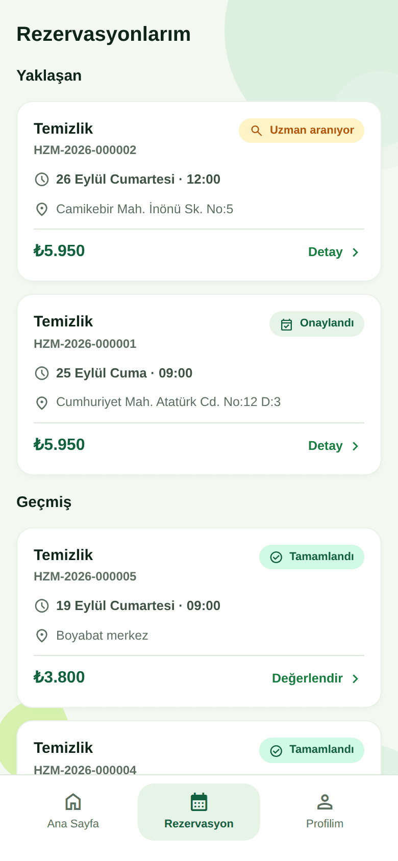 SENÇAĞIR uygulamasında rezervasyonlarım