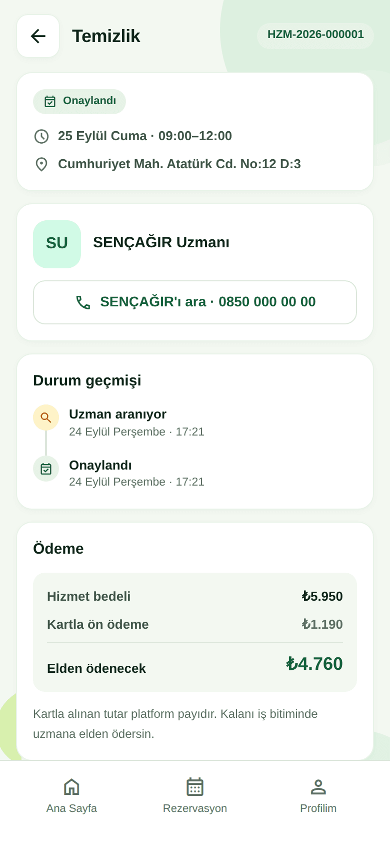 SENÇAĞIR uygulamasında rezervasyon detayı